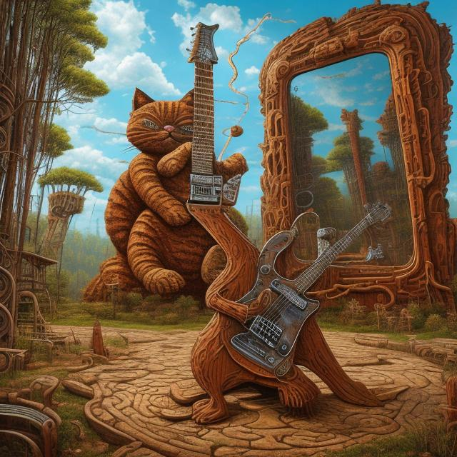 Prompt: giant rusty mirror statue of a giant cat playing guitar, in the style of Jacek Yerka, widescreen view, infinity vanishing point