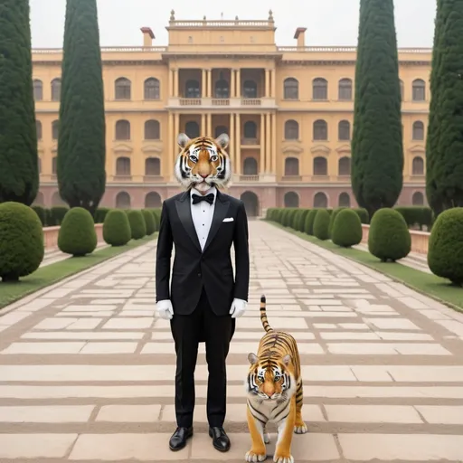 Prompt: tiger in a tuxedo, a palace in the background, wide perspective, infinity vanishing point