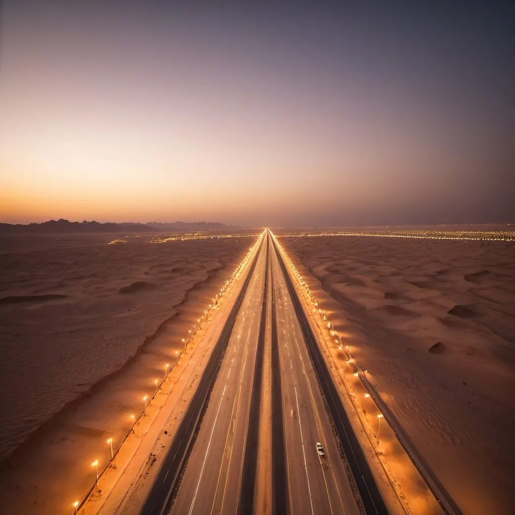 Prompt: The Line in Tabuk, Saudi Arabia. 
 overhead golden hour lighting, extra wide angle field of view, infinity vanishing point