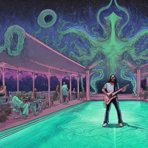 Prompt: wide perspective, jesus band playing guitars at a poolside patio gazebo party, infinity vanishing point, Cthulhu nebula background
