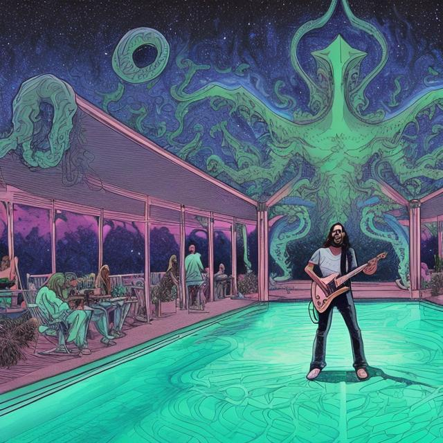 Prompt: wide perspective, jesus band playing guitars at a poolside patio gazebo party, infinity vanishing point, Cthulhu nebula background
