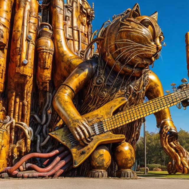 Prompt: giant rust streaked yellow metal statue of a giant cat playing guitar, in the style of Ernst Fuchs, widescreen view, infinity vanishing point