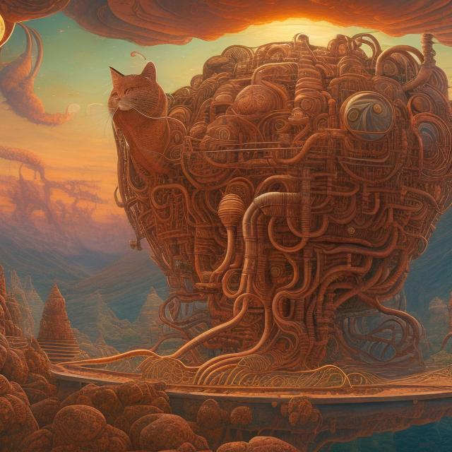 Prompt: panorama widescreen view of a giant copper cat playing a sitar, infinity vanishing point, in the style of Jacek Yerka