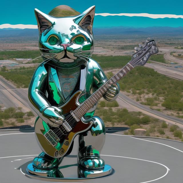 Prompt: ((((giant cat playing guitar) chrome statue inlaid with emeralds) in the style of Ron English) wide perspective view) infinity vanishing point