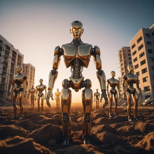 Prompt: show a scene of artificial intelligence beings removing all forms of life on earth, golden hour overhead lighting, extra wide angle view, infinity vanishing point