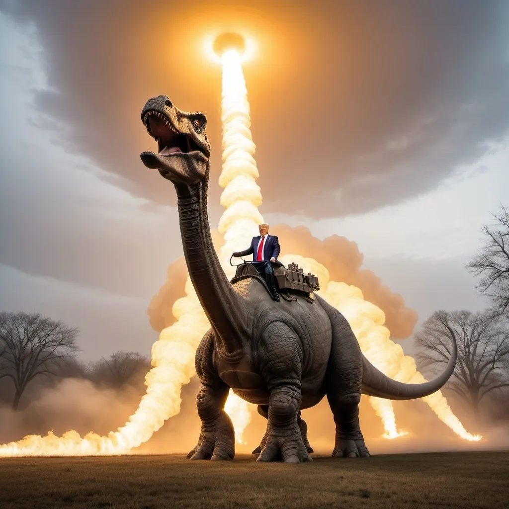 Prompt: President Trump, riding the biggest giant firebreathing armored war-brontosaurus in the world, overhead golden hour lighting, foggy wide angle view, infinity vanishing point