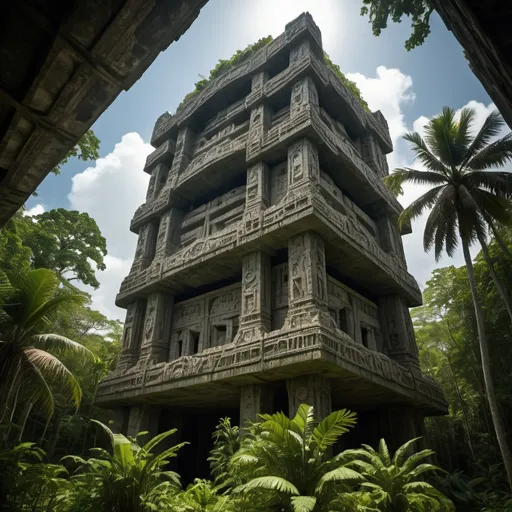 Prompt: in the Belize jungle, a giant ancient intricately detailed bas relief covered megaskyscraper arcology of xenomoprhs, overhead lighting shadows, wide angle view, 25 degree offset infinity vanishing point, randomly show several xenomorphs