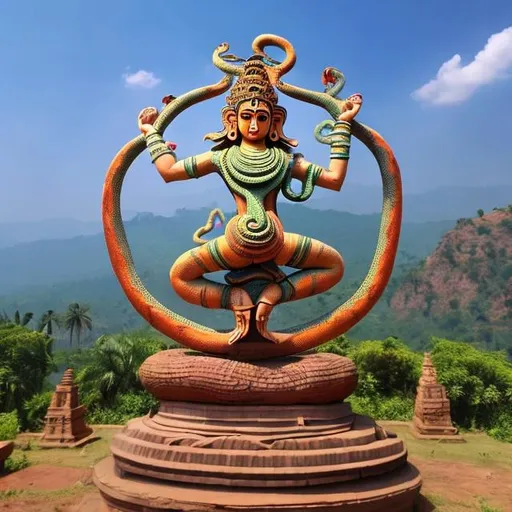 Prompt: giant dancing Nataraja statue holding many snakes, landscape background