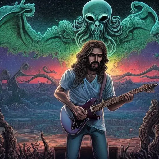 Prompt: wide view, jesus playing guitar in front of a patio gazebo barbeque grill and gogo dancers, infinity vanishing point, Cthulhu nebula background