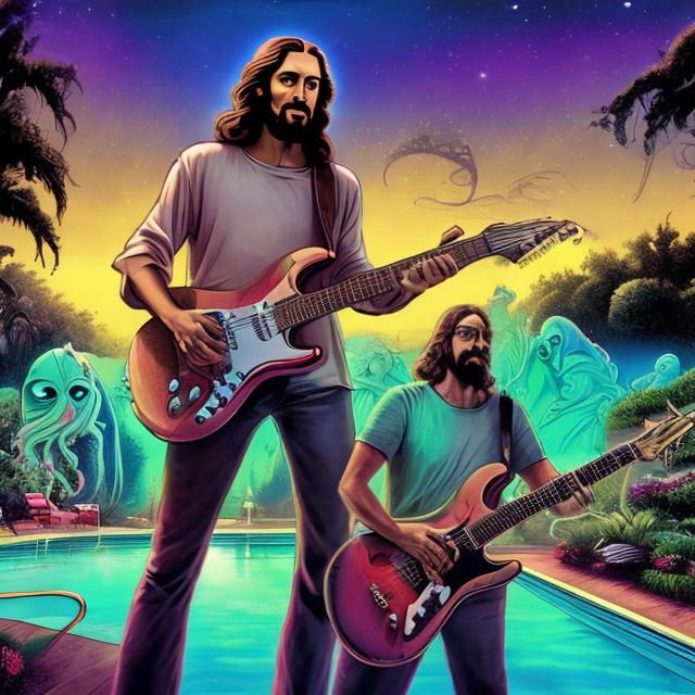 Prompt: wide image of jesus band playing guitars at an exotic poolside patio barbeque grill, infinity vanishing point, cthulhu nebula background