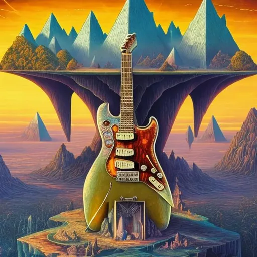 Prompt: giant diamond crystal statue of a giant cat playing guitar, in the style of Jacek Yerka, widescreen view, infinity vanishing point