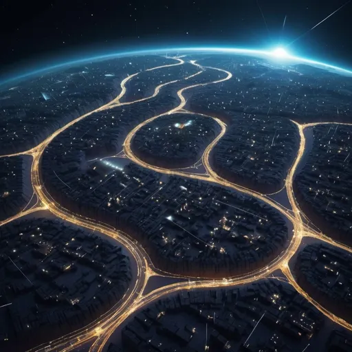 Prompt: view from orbit of a superhighway network around a cat shaped planet at night