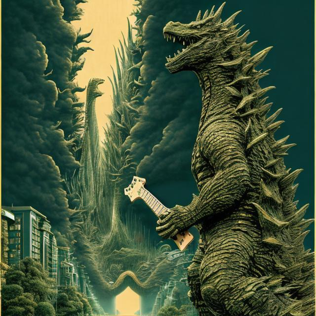 Prompt: ((((godzilla playing guitar) gold statue inlaid with emeralds) in the style of Jacek Yerka) infinity vanishing point) wide perspective view