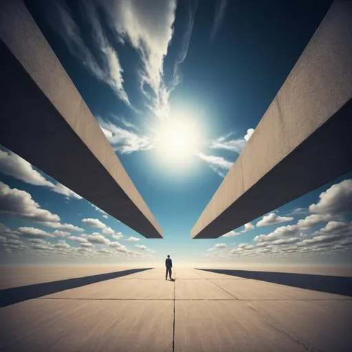 Prompt: giant sky, overhead lighting, wide angle view, surreal background proportions, infinity vanishing point