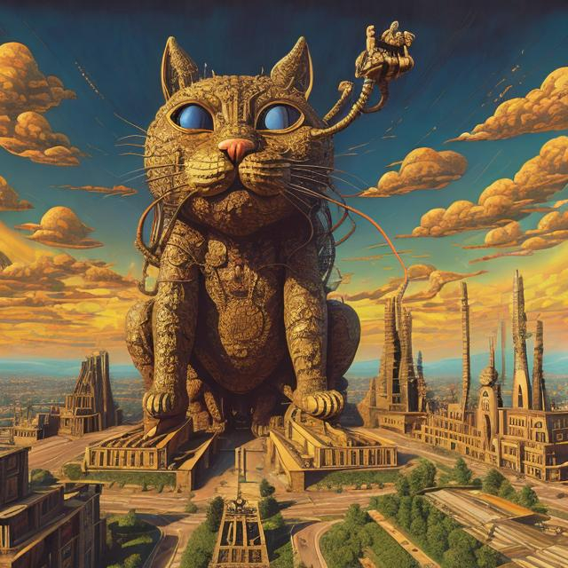 Prompt: giant iron statue inlaid with gold, of a giant cat playing guitar, in the style of Jacek Yerka, wide perspective view, infinity vanishing point