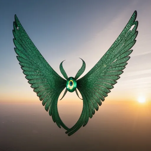 Prompt: giant winged ribbon of multiple emerald eyes in flight, golden hour overhead lighting, extra wide angle view, infinity vanishing point