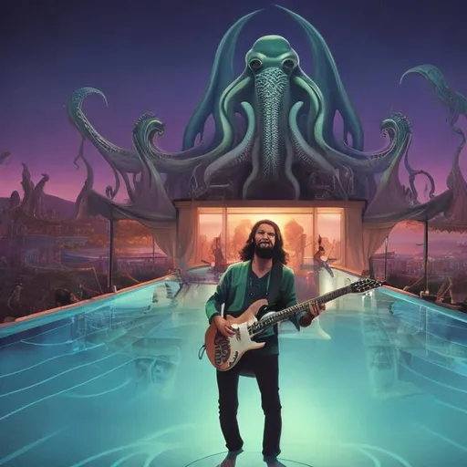 Prompt: wide view of jesus band playing guitars, at an exotic rooftop infinity pool, infinity vanishing point, cthulhu background