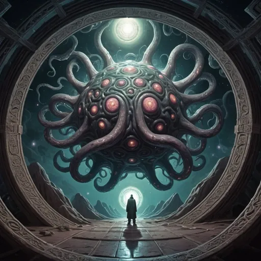 Prompt: giant Yog-Sothoth, overhead lighting, wide angle view, surreal background proportions, infinity vanishing point