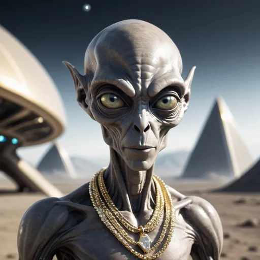Prompt: grey alien wearing gold necklaces and diamonds, an evil techno-planet in the background, 25 degree offset, wide angle perspective, infinity vanishing point