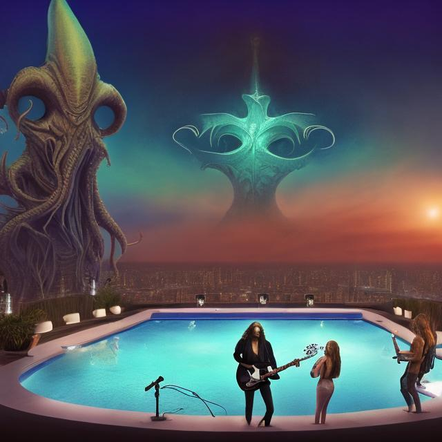 Prompt: wide view 10 feet from jesus band playing guitars, at an exotic rooftop infinity pool, infinity vanishing point, cthulhu nebula background