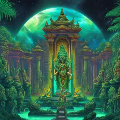 Prompt: wide view of seven emerald bodybuilding vishnu playing guitars at an exotic temple, tropical jungle background, galaxy sky, infinity vanishing point