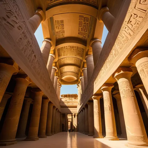 Prompt: Repainted Great Hypostyle Hall, overhead golden hour lighting, extra wide angle field of view, infinity vanishing point