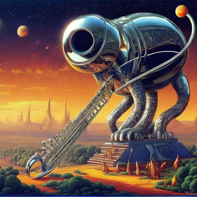 Prompt: giant chrome cat playing a sitar, widescreen view, infinity vanishing point, in the style of Jacek Yerka