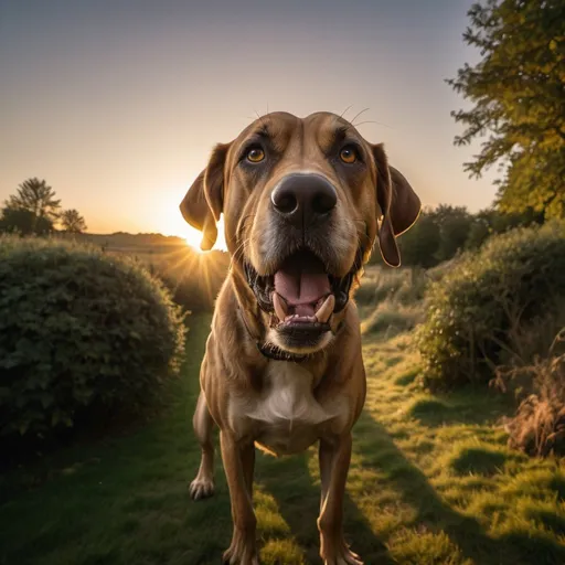 Prompt: the hound monster of the baskervilles, golden hour outdoor overhead lighting, extra wide angle view, infinity vanishing point