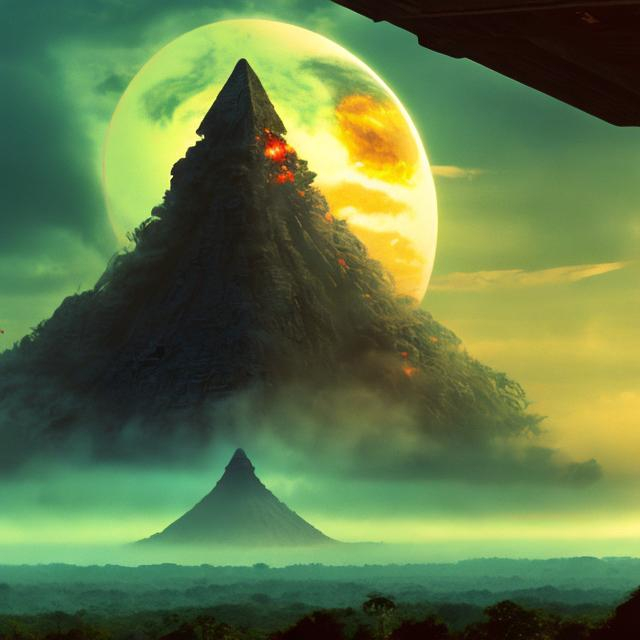 Prompt: wide panorama view, xenomorph pyramid, set in Belize rain forest jungle, nuclear blast cloud background