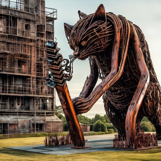 Prompt: giant rust streaked acid etched steel statue of a giant cat playing guitar, in the style of Jacek Yerka, widescreen view, infinity vanishing point