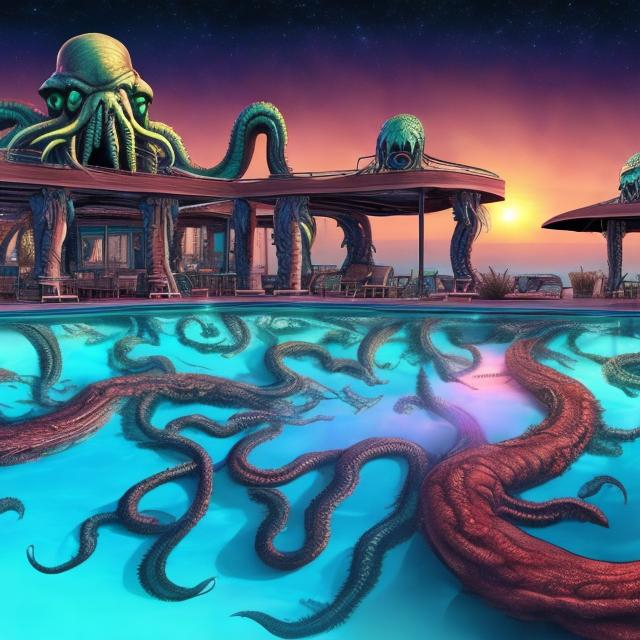 Prompt: 16:9 ratio, wide view, cthulhu band playing guitars at a poolside patio barbeque grill, infinity vanishing point, fractal nebula background