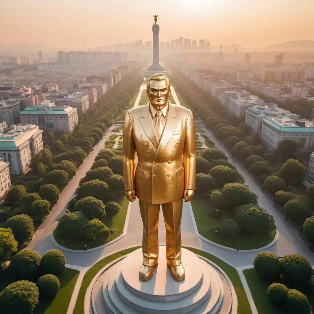 Prompt: giant strange dictator statue, elegant lush city background, overhead golden hour lighting, extra wide angle field of view, infinity vanishing point