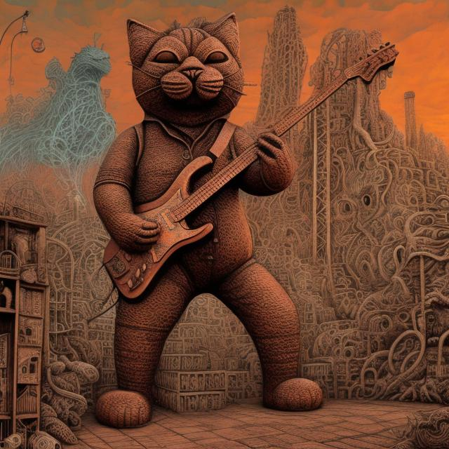 Prompt: giant acid etched copper statue of a giant cat playing guitar, in the style of Jacek Yerka, widescreen view, infinity vanishing point