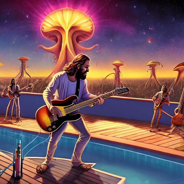 Prompt: wide image of jesus band playing guitars at an exotic rooftop infinity poolside patio barbeque grill, infinity vanishing point, cthulhu nebula background