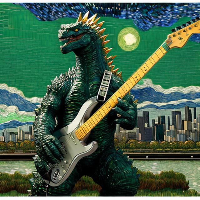 Prompt: ((((godzilla playing guitar) chrome statue inlaid with emeralds) in the style of Van Gogh) infinity vanishing point) wide perspective view