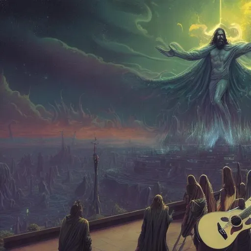 Prompt: wide view of a jesus and the apostles playing guitars, at an exotic rooftop infinity pool, infinity vanishing point, cthulhu nebula background