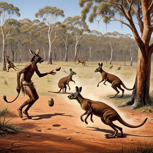 Prompt: aborigines throwing rocks at kangaroos