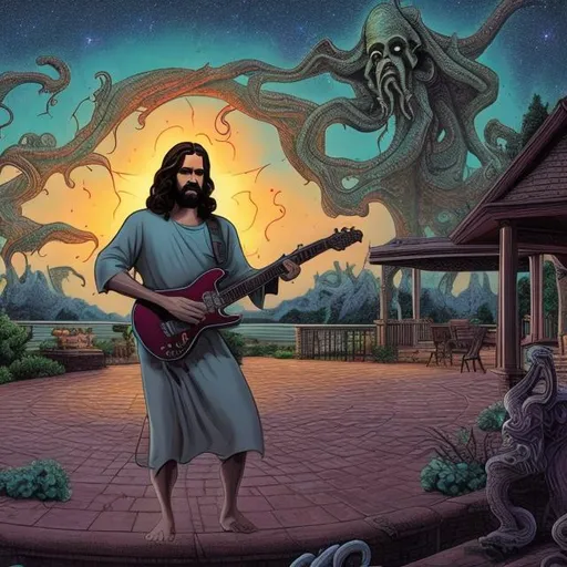 Prompt: wide view, jesus playing guitar in front of a patio gazebo barbeque grill, infinity vanishing point, Cthulhu nebula background