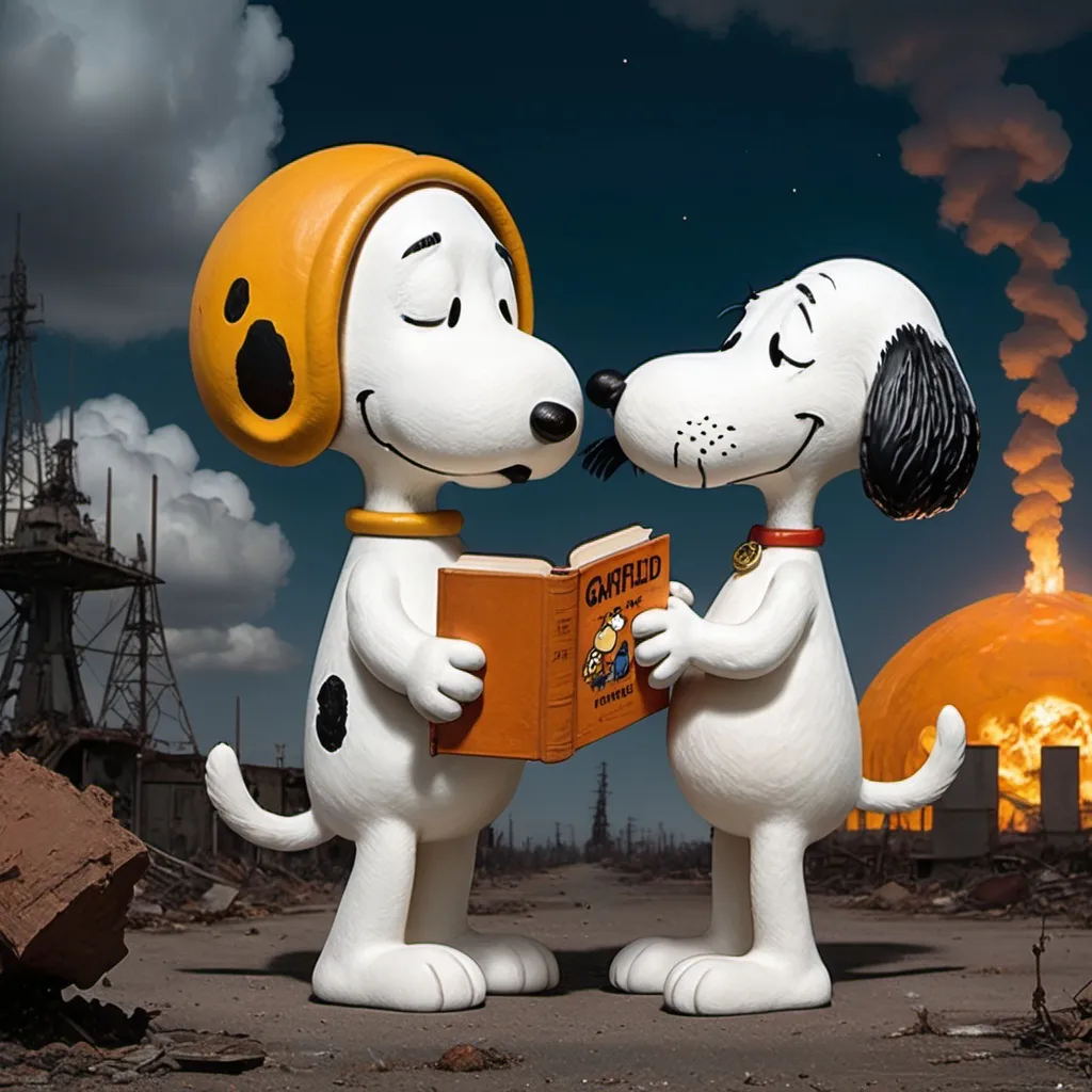 Prompt: Snoopy kissing Garfield the Cat, post-nuclear-age-apocalyptic-science-fiction, surreal-hallucination style book cover