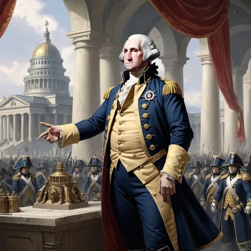 Prompt: george washington is warhammer 40000 year emperor, wide palace background