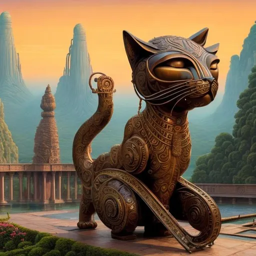 Prompt: panorama widescreen view of a giant bronze cat playing a sitar, infinity vanishing point, in the style of Jacek Yerka