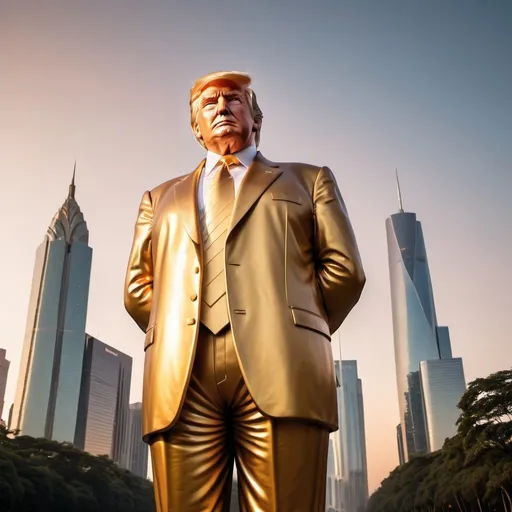 Prompt:  strange 1000 meter tall supergiant Donald Trump statue, elegant lush skyscraper skyline background, overhead golden hour lighting, extra wide angle field of view, infinity vanishing point