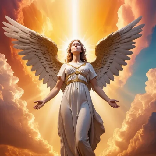 Prompt: biblically accurate angel, colorful apocalypse background, golden hour overhead lighting, extra wide angle view, infinity vanishing point