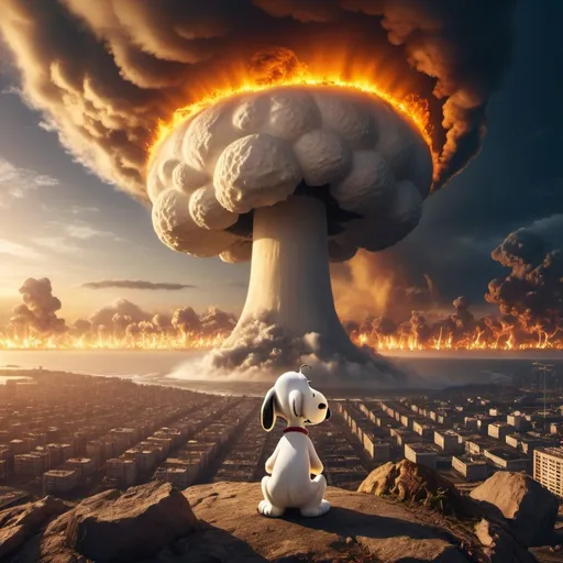 Prompt: Snoopy at the end of the world. Distant nuclear mushroom cloud flashes. Many falling meteors from the sky. Many tornados in the air. Giant tsunami tidal waves approaching. Giant city on fire. Golden hour overhead lighting, extra wide angle view, infinity vanishing point.