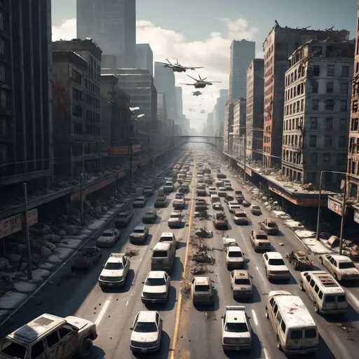 Prompt: infinite rush hour traffic post apocalyptic city