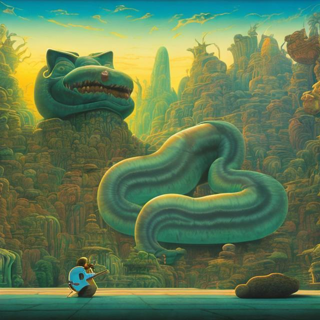 Prompt: widescreen view, infinity vanishing point, giant jade statue of giant cat playing a guitar, in the style of Jacek Yerka