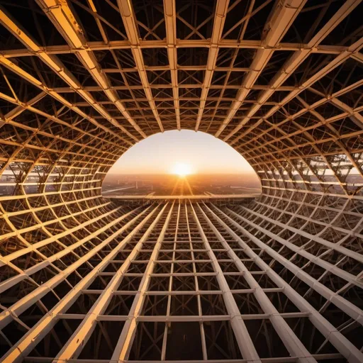 Prompt: megastructure, overhead golden hour lighting, extra wide angle field of view, infinity vanishing point