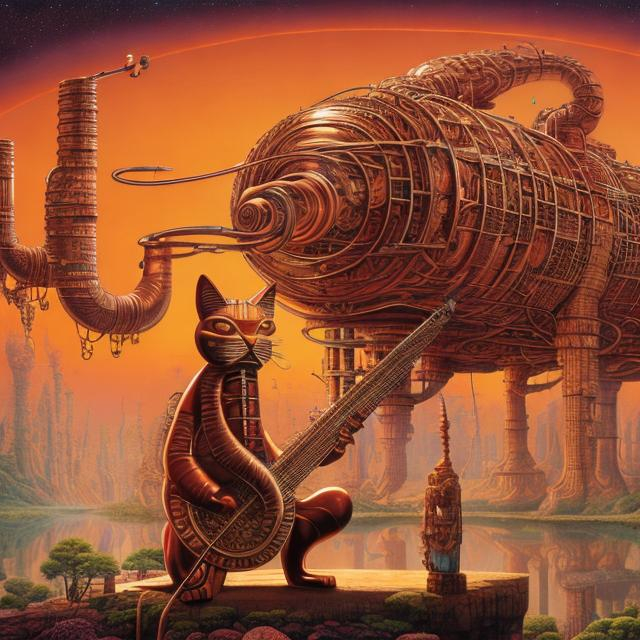 Prompt: panorama widescreen view of a giant copper cat playing a sitar, infinity vanishing point, in the style of Jacek Yerka