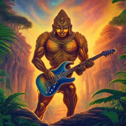 Prompt: wide view of an clear amber bodybuilding vishnu playing guitar at an exotic temple, tropical jungle background, galaxy sky, infinity vanishing point