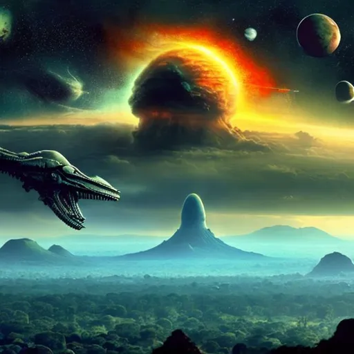 Prompt: wide panorama view, space transport hovering over xenomorph pyramid, set in Belize rain forest jungle, nuclear blast cloud background